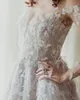 Vit En Linje Bröllopsklänningar V Neck Långärmad Applique Ruched Wedding Gown Sweep Train Robe de Mariée