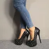 Olomm Yeni Moda Kadın Platformu Pompalar Seksi Perçinler Stiletto Yüksek Topuklu Pompalar Yuvarlak Toe Siyah Kulüp Ayakları Kadınlar Artı Beden Boyut 5-15