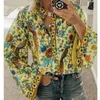 Fanhety plus size hösten chic blusar ärta blommigt tryck långärmad skjortor kvinnor casual v-ringen boho blus toppar kvinna