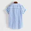 Mente à rayures Summer Henry Collar Coton et lin Short Short Shirt Casual Buttons Bleu