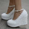 Pink Blue White Lace Wedding Shoes with Beading Buckle Straps Wedge Heel Fashion Women Pumps 4 Inches High Heel Bridesmaid Shoes5848376