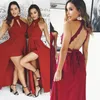 Stunning Dark Red Long Prom Dresses Halter Neck Sleeveless Keyhole Design Open Back Hi Low Evening Party Gowns Overskirt Formal Dress