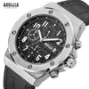 BAOGELA Men's Chronograph Quartz Watches Leather Strap Army Sports Luminous Wristwatch for Man 3Bar Waterproof 1805 Silver black
