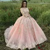 Unieke prinses roze baljurk quinceanera jurken boot hals lange mouw 3D bloemen applique zoete vijftien victoriaanse formele Arabische prom 2018