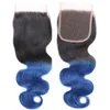 Dois Tom 1 B / Azul Brasileira Onda Do Corpo Do Cabelo Virgem Feixes com Fechamento 3 Pacotes com 4 * 4 Fechamento Rendas Cabelo Humano para As Mulheres Negras