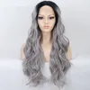 Ombre gris peluca larga ondulada peluca con malla frontal sintética raíces negras plateadas a pelucas grises para mujeres parte media fibra resistente al calor suave