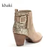 Designer Women Sequins Buckled Booties Fashion Martin Stövlar Vinter Läder Chunky Heels Runda Toe Skor med Side Zipper 4 Färger US4-12