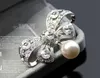Silver Plated Clear Rhinestone Crystal Bow and Pearl Drop Brooch 2"