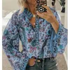 Fanhety plus size hösten chic blusar ärta blommigt tryck långärmad skjortor kvinnor casual v-ringen boho blus toppar kvinna