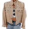 Studded Frayed Hem Denim Jacket Women Coats Black Lapel Single Breasted 2021 Jeans Jackets And FTKH