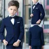 Bonito Azul Marinho Meninos Smoking Fino Se Encaixa Crianças Terno de Negócios Kid Birthday Prom Party Sets (Jaqueta + Calça + Gravata borboleta + Lenço) D70