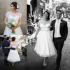 Short Sleeve Tea Length Wedding Bridal Dresses With Crystal Belt Plus Size Sheer Bateau Neck Spotted Tulle Beach A-line vestidos de novia