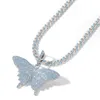 Collier pendentif grand papillon Animal glacé avec chaîne cubaine bleue argent bleu plaqué or pour hommes Hip Hop Bling bijoux cadeau