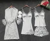 4Pcs/Lot Sexy Women's Robe & Gown Sets Lace Bathrobe + Night Dress Sleepwear Womens Sleep Set Faux Silk Robe Femme Lingerie Set CX200606