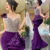 Purple Beaded Dubai Mermaid Evening Dresses Plunging Neck Peplum Arabic Prom Gowns Plus Size Floor Length Satin Formal Dress