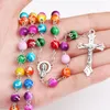 New Religious Catholic Rainbow Rosary Long Necklaces Jesus cross pendant 8MM Bead chains For women Men s Fashion Christian Jewelry