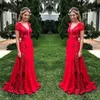 Laço vermelho Ver Através de Vestidos de Baile 2019 Profundo Decote Em V Chiffon A Linha de Vestidos de Noite Até O Chão Zíper de Volta Vestido de Festa Formal Barato