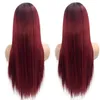 Parrucca lunga alla moda per capelli rosso vino, ombre sintetiche da nero a bordeaux, resistenti al calore, parrucche anteriori in pizzo per donne nere, 24 pollici