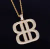 B Letter Geometric shape with Rope Chain Necklace Gold Silver Pendant Bling Cubic Zircon Hip hop Men Jewelry