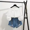 Summer New Off Shoulder Loose Half Lantern Sleeve Solid Cute Blouse Jean Shorts Two-Piece Outfit Casual Sets T200622