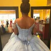 Light Sky Blue Ball Gown Quinceanera Dresses Cap Sleeves Spaghetti Beading Crystal Princess Prom Party Dresses For Sweet 16 Girls