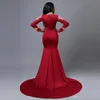 Şık Afrika Artı boyutu Kırmızı Denizkızı Gelinlik Modelleri Uzun Kollu Yüksek Boyun Dantel Aplike Akşam Önlük Örgün Parti Elbise elbiseler de soirée