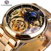 FORSINING Top Brand Luxury Vine Auto Mechanical Watch Men Stainless Steel Band Sun Moon Display Golden Skeleton Wristwatches SLZe1646809239