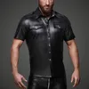 Sexy Black Faux Leather Men Shirt Wet Look Stretch Undershirt Latex Gay Novelty Short Sleeve Uniform Clubwear Male Stage Nightclub Costume