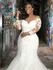 Plus Size African Mermaid Wedding Dresses 2020 New Sweep Train Applique 3 4 Long Sleeve Lace Sheer Bridal Gowns Vestido De Novia W3009