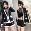 Aihuyigui Black White Tweed Set Winter Women Buttons V-Neck High Street Blazer + Woolen Shorts 2 Piece Set V041