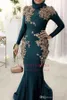 Neue muslimische Meerjungfrau Abendkleider 3d Spitze Blumen Applikationen Langarmer Perlen Sweep -Zug Plus Größe Party Prom Kleider formelles Kleid