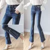 Calças de brim do Estiramento das Mulheres Moda Stretch Jeans Meados Cintura Perna Larga Emagrecimento Estiramento Denim Flare Bellbottom Borla Jeans