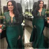 Hunter Green Mermaid Evening Pageant Dresses with Long Sleeve Sexy V-neck Lace Stain Fishtail Women Occasion Evening Wear Dress ED1126