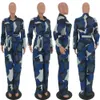 Kvinnor Camouflage Printed Plus Storlek Långärmad Bodycon Jumpsuit Casual Wrap Belt Button Down Female Total Jumpsuits Party Club Rompers