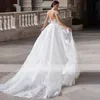 Fascinating Floral Lace Berta Wedding Dresses V Open Back Bridal Dress Detachable Train Bateau Applique Boho Party Wedding Gowns Beach