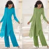 Elegante plus size moeder van de bruid broek pakken chiffon met lange mouwen juweel nek ruches moeder pakken met jasje