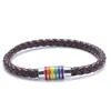 Moda Gay Lésbica Pulseira Lgbt Casal Rainbow Corda De Couro Trançado Pulseiras de Aço Inoxidável Fivela Magnética Pulseira Manguito Unisex