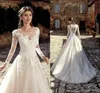 Cheap Champagne A Line Wedding Dresses Long Sleeves Lace Appliques Scoop Neck Sweep Train Arabic Simple Wedding Bridal Gowns With Buttons