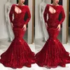 Glitz Elegante Escuro Vermelho Plus Size Sereia Vestidos de Baile Jewel Pescoço Mangas Compridas Lantejoulas Até O Chão Vestidos de Noite Formal vestes de soirée