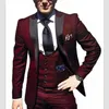 Wysokiej jakości jeden Przycisk Wino Ślub Groom Tuxedos Peak Lapel Groomsmen Mens Garnitury Prom Blazer (Kurtka + Spodnie + Kamizelka + Krawat) W94