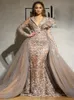 Arabische Dubai Kant Mermaid Avondjurken Lange Afneembare Trein Applique Volledige Mouw Overskirts Prom Jurk V-hals Tulle Robe de Soiree