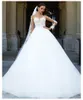 A line wedding dress sheer neck long sleeves lace appliques top tulle bridal gowns with sweep train custom made