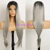 Ombre Grey Two Tone Color Top Grade Natural Straight High Density Heat Resistant Fiber Glueless Synthetic Lace Front Wigs For Black Women