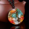 Pure natural colorful jade carving round animal beast pendant Three-color jade bead necklace