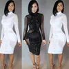 여름 섹시한 여성 긴 소매 Bodycon Turtleneck 할로우 밖으로 Transpartant 캐주얼 파티 저녁 짧은 드레스