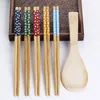 5 Pair Bamboo Japanese Chopsticks Serving Set with Rice Ladle Paddle for Sushi Asian Food Red Cherry Blossom Designs Wedding Gifts