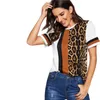 Camiseta de manga curta com estampa de leopardo Tira gola redonda Camisetas de verão Moda com painéis Roupas femininas Cacual Roupas femininas WY003