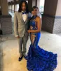 Luxury Royal Blue Sequin Prom Dress For Black Girls With Florals Bottom 2023 Hater Neck Mermaid Aso Ebi Evening Gowns Sparkle Backless Formal Party Occasion Wear