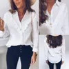 2019 весна летние оборки Blouse Женские женщины повседневные кружевные в горошек o шея белая рубашка с длинными рукавами топы Blusas#P2