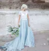Free Shipping Modest Dusty Blue Tulle White Lace A-line Country Wedding Dresses New With Short Sleeve Ruched Long Bridal Gowns Custom Made